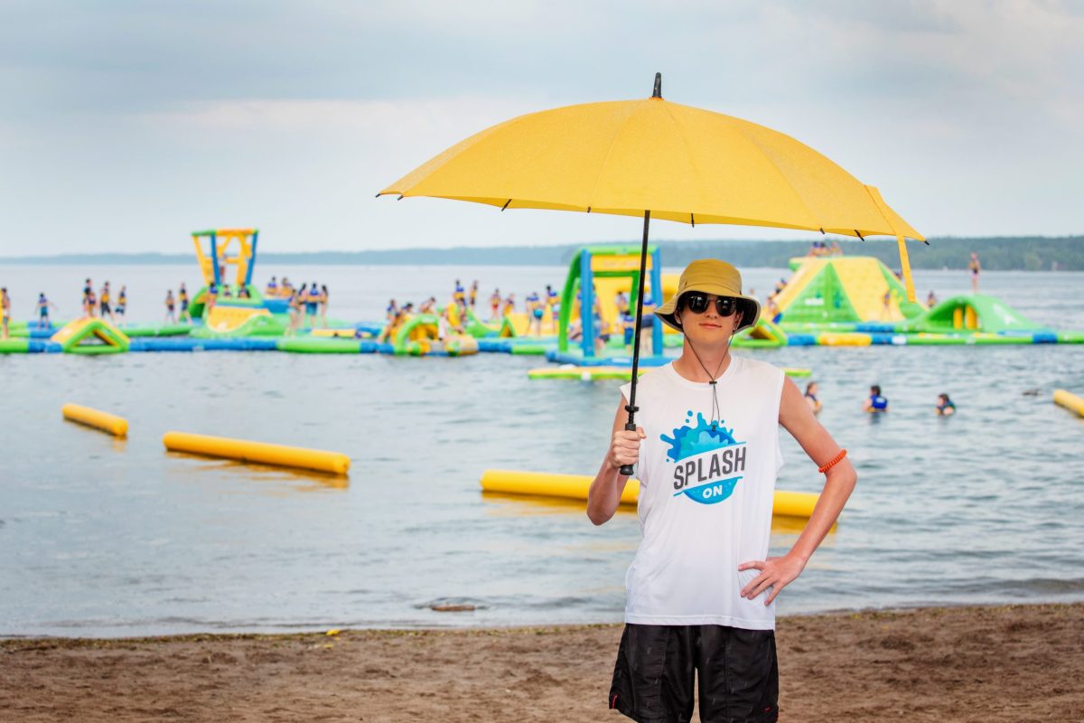 a person holding an umbrella in front of a beach